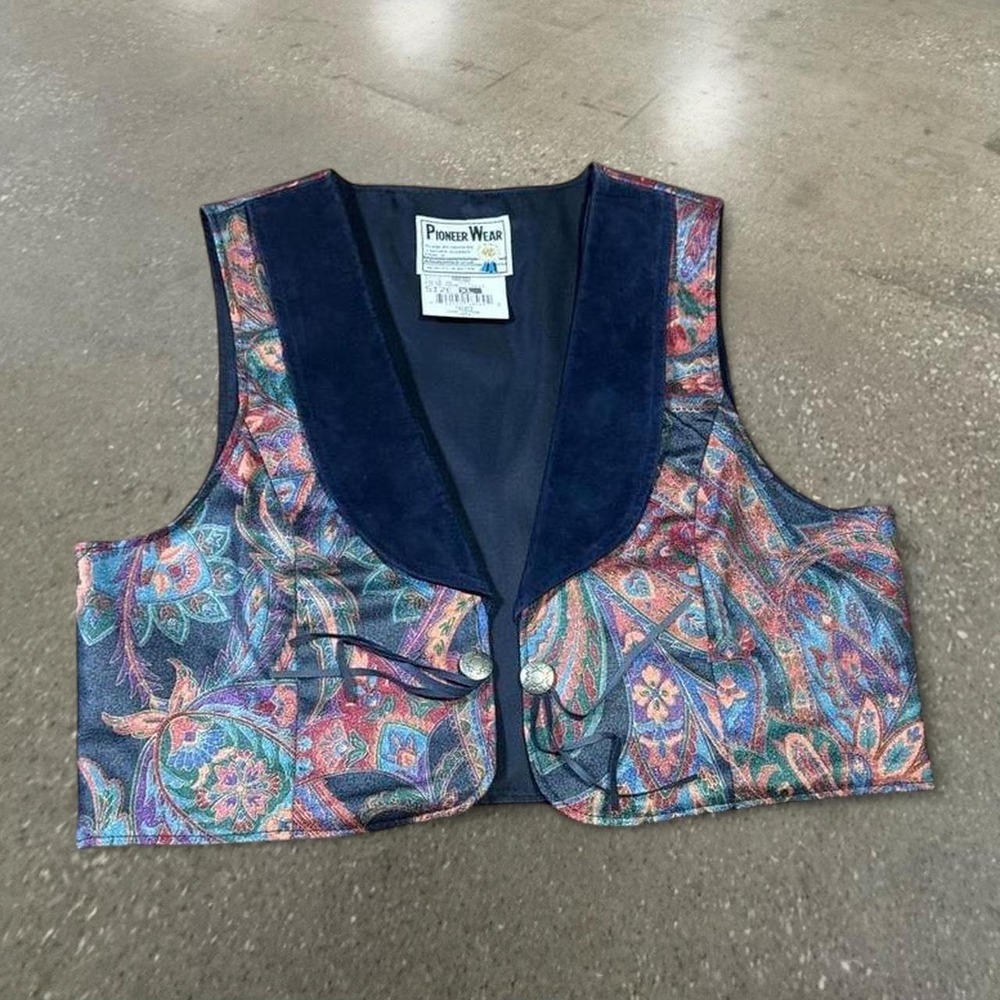 Vintage Pioneer Wear Blue Paisley Western Vest Womens XL Navy Trim 22805 USA